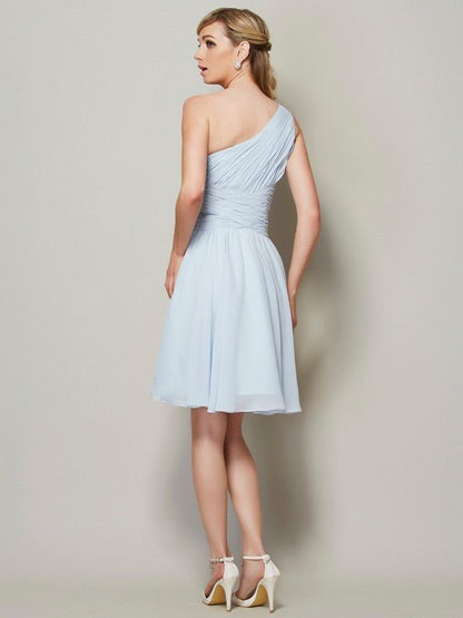 NumberSea - A - Line/Princess One - Shoulder Sleeveless Ruched Short Chiffon Bridesmaid Dresses