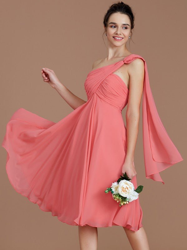 NumberSea - A - Line/Princess One - Shoulder Sleeveless Ruched Short/Mini Chiffon Bridesmaid Dresses