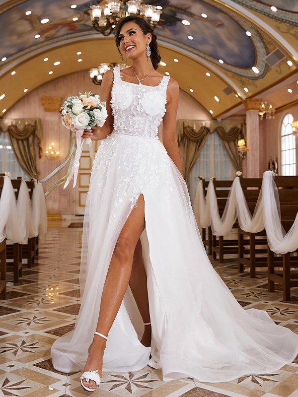 NumberSea - A - Line/Princess Organza Applique Straps Sleeveless Sweep/Brush Train Wedding Dresses