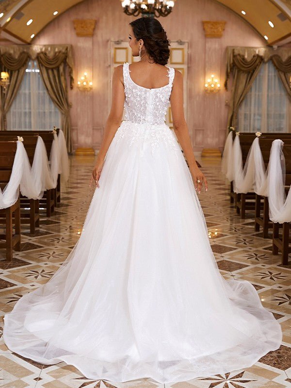 NumberSea - A - Line/Princess Organza Applique Straps Sleeveless Sweep/Brush Train Wedding Dresses