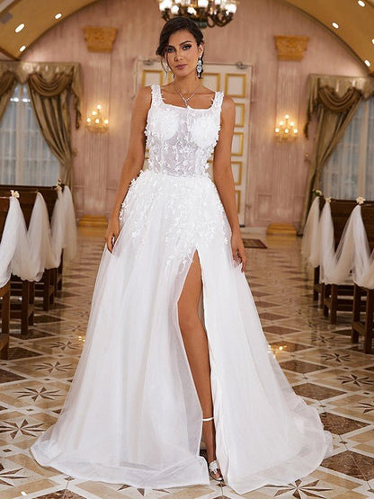 NumberSea - A - Line/Princess Organza Applique Straps Sleeveless Sweep/Brush Train Wedding Dresses