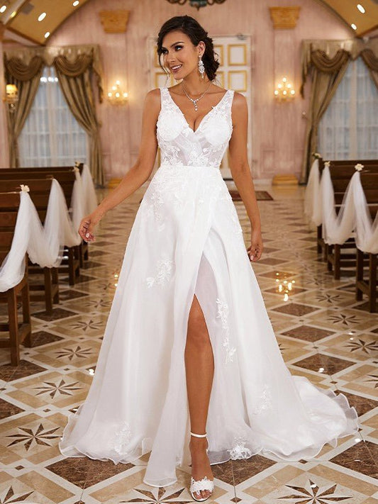 NumberSea - A - Line/Princess Organza Applique V - neck Sleeveless Sweep/Brush Train Wedding Dresses