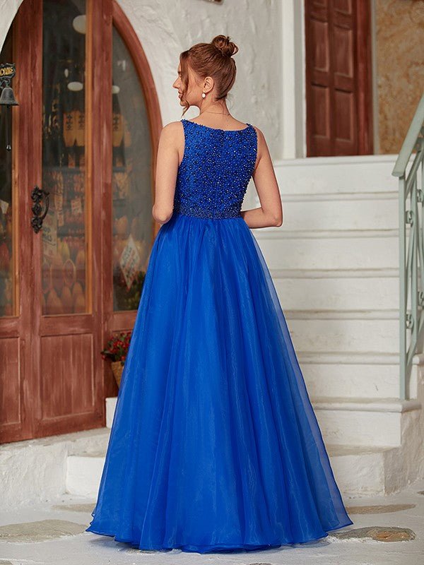 NumberSea - A - Line/Princess Organza Beading V - neck Sleeveless Floor - Length Dresses