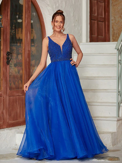 NumberSea - A - Line/Princess Organza Beading V - neck Sleeveless Floor - Length Dresses