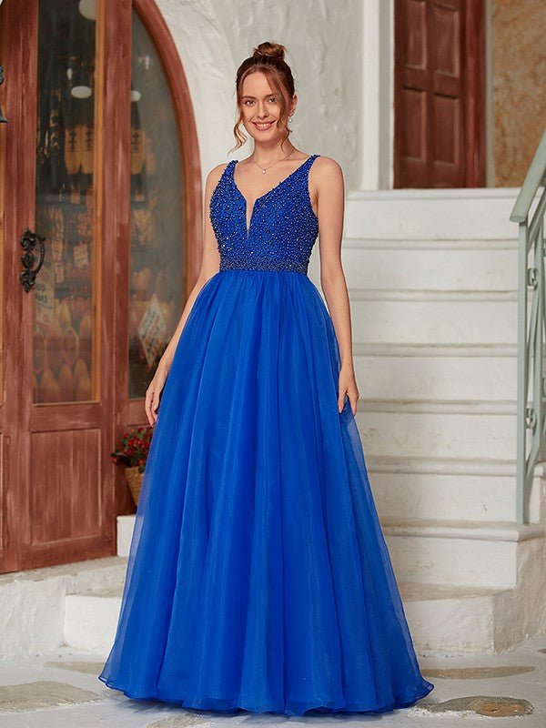 NumberSea - A - Line/Princess Organza Beading V - neck Sleeveless Floor - Length Dresses