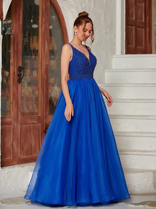 NumberSea - A - Line/Princess Organza Beading V - neck Sleeveless Floor - Length Dresses