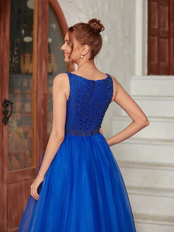 NumberSea - A - Line/Princess Organza Beading V - neck Sleeveless Floor - Length Dresses