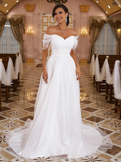 NumberSea - A - Line/Princess Organza Ruched Off - the - Shoulder Sleeveless Sweep/Brush Train Wedding Dresses