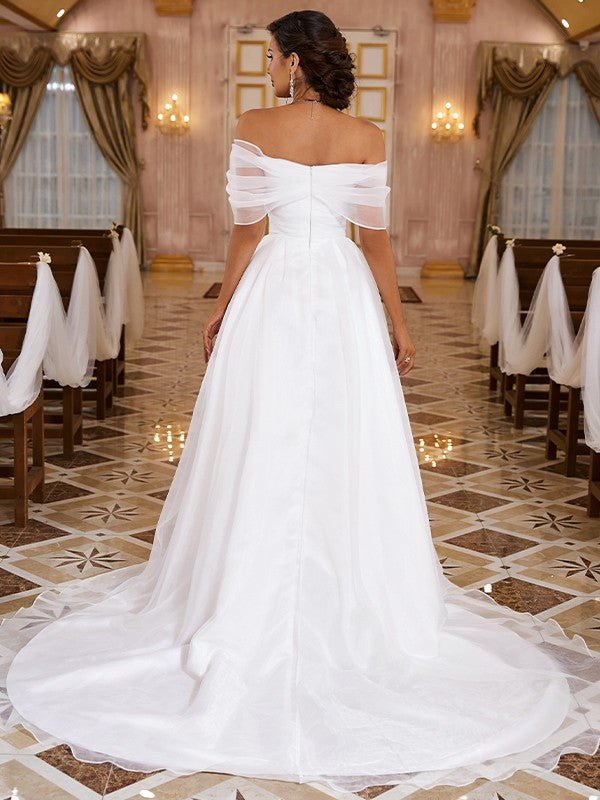 NumberSea - A - Line/Princess Organza Ruched Off - the - Shoulder Sleeveless Sweep/Brush Train Wedding Dresses