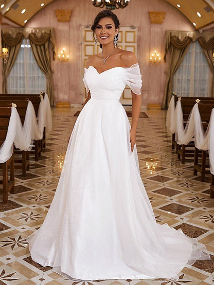 NumberSea - A - Line/Princess Organza Ruched Off - the - Shoulder Sleeveless Sweep/Brush Train Wedding Dresses