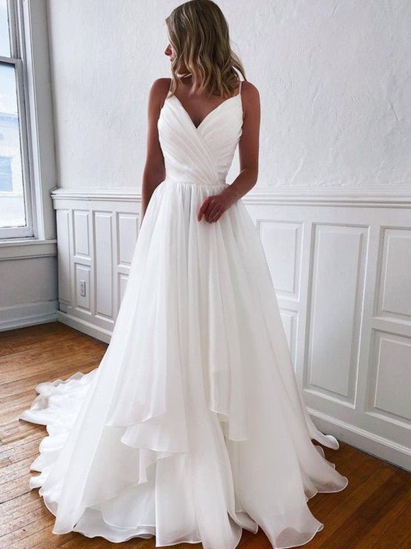 NumberSea - A - Line/Princess Organza Ruffles V - neck Sleeveless Court Train Wedding Dresses