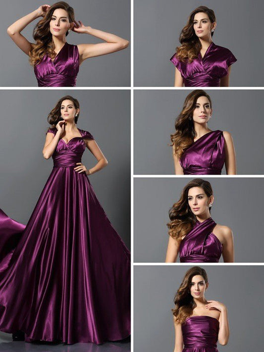 NumberSea - A - Line/Princess Pleats Sleeveless Long Silk like Satin Convertible Bridesmaid Dresses