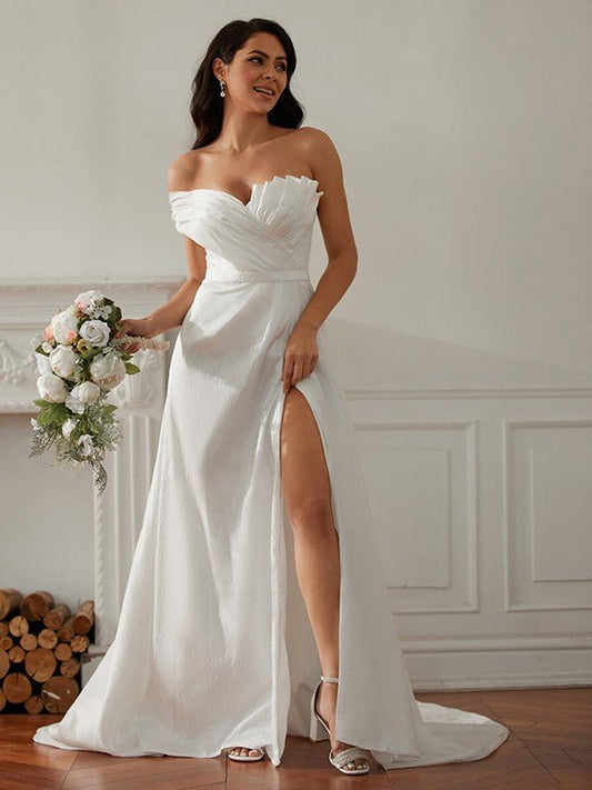 NumberSea - A - Line/Princess Ruched One - Shoulder Sleeveless Sweep/Brush Train Wedding Dresses