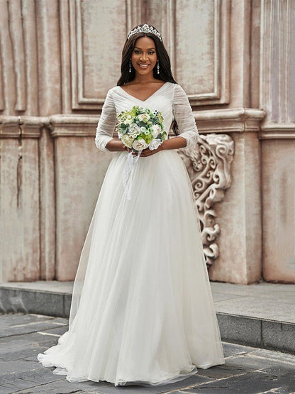 NumberSea - A - Line/Princess Ruched Sweetheart Tulle 3/4 Sleeves Sweep/Brush Train Wedding Dresses