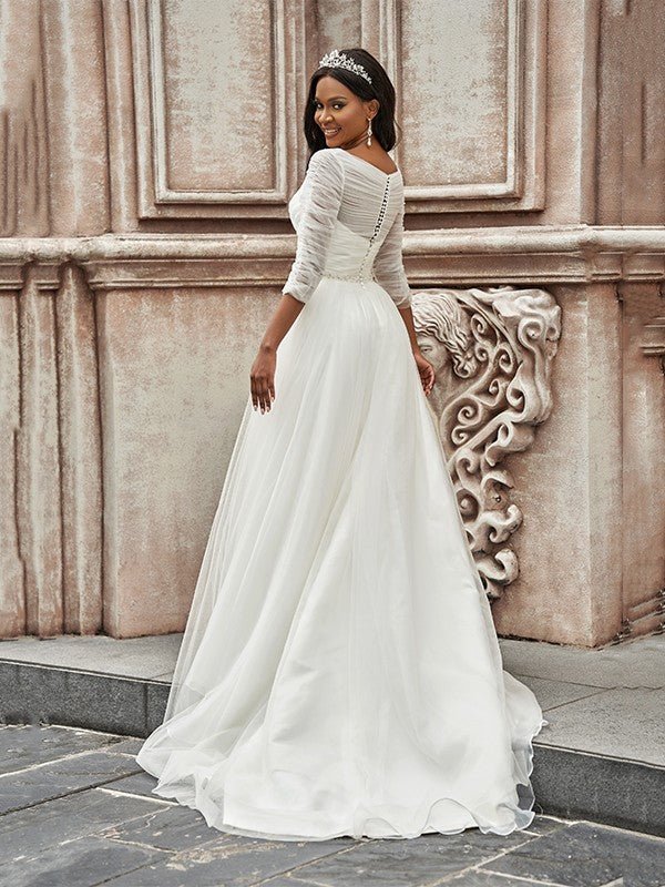 NumberSea - A - Line/Princess Ruched Sweetheart Tulle 3/4 Sleeves Sweep/Brush Train Wedding Dresses