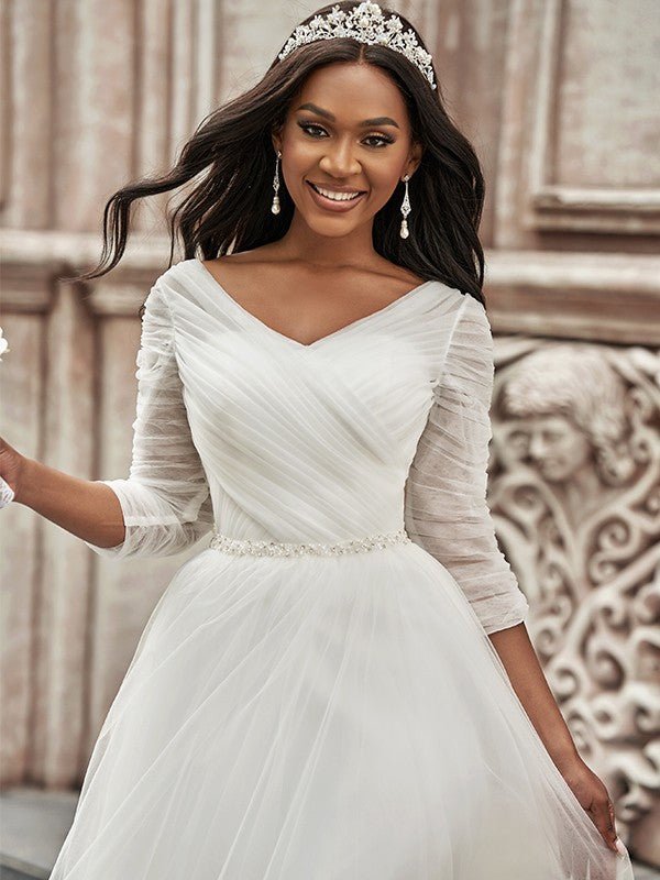 NumberSea - A - Line/Princess Ruched Sweetheart Tulle 3/4 Sleeves Sweep/Brush Train Wedding Dresses