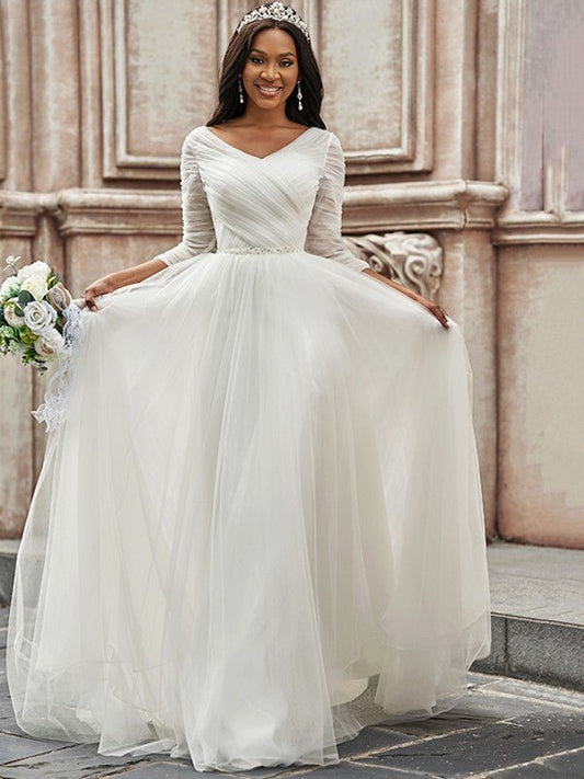 NumberSea - A - Line/Princess Ruched Sweetheart Tulle 3/4 Sleeves Sweep/Brush Train Wedding Dresses