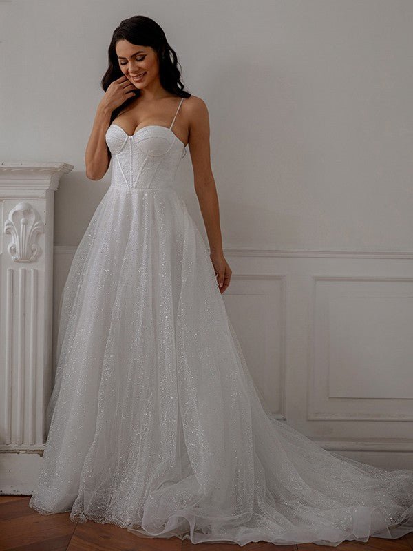 NumberSea - A - Line/Princess Ruffles Spaghetti Straps Sleeveless Court Train Wedding Dresses