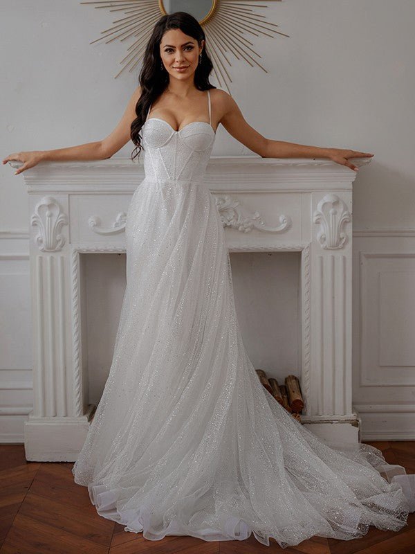 NumberSea - A - Line/Princess Ruffles Spaghetti Straps Sleeveless Court Train Wedding Dresses