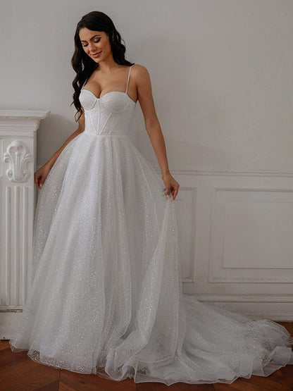 NumberSea - A - Line/Princess Ruffles Spaghetti Straps Sleeveless Court Train Wedding Dresses