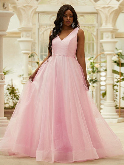 NumberSea - A - Line/Princess Ruffles V - neck Sleeveless Floor - Length Dresses