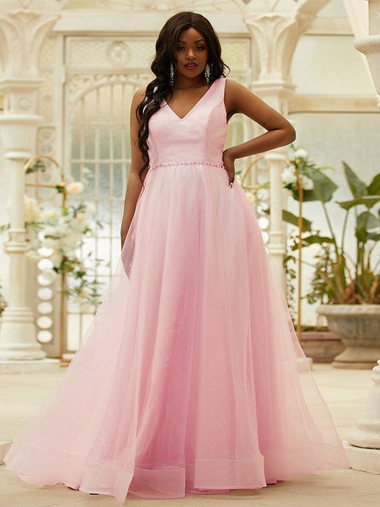 NumberSea - A - Line/Princess Ruffles V - neck Sleeveless Floor - Length Dresses