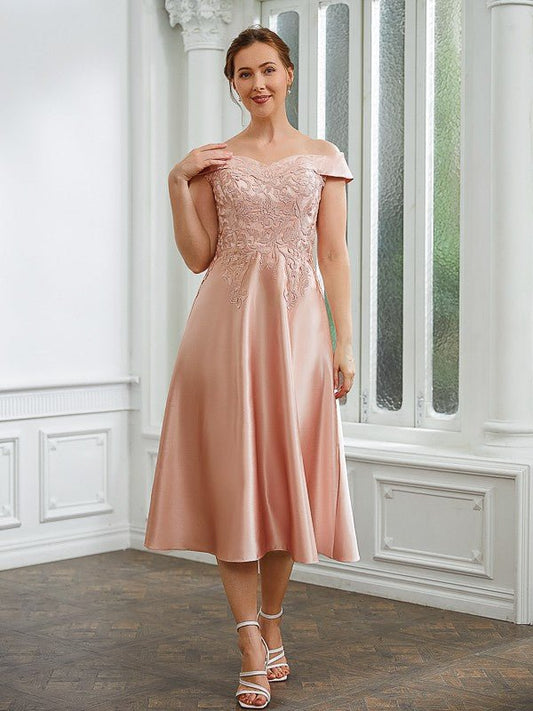 NumberSea - A - Line/Princess Satin Applique Off - the - Shoulder Sleeveless Tea - Length Mother of the Bride Dresses