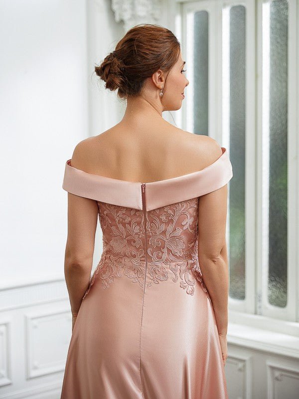 NumberSea - A - Line/Princess Satin Applique Off - the - Shoulder Sleeveless Tea - Length Mother of the Bride Dresses