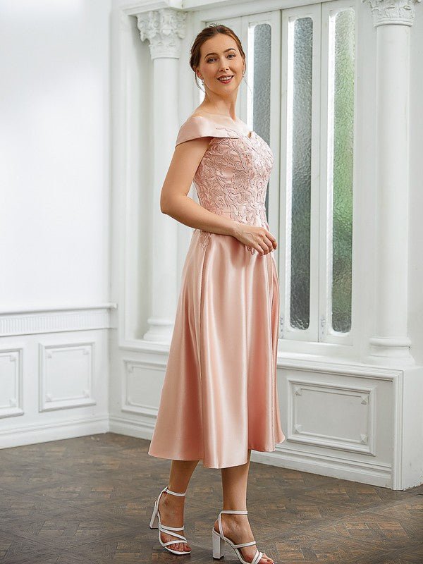 NumberSea - A - Line/Princess Satin Applique Off - the - Shoulder Sleeveless Tea - Length Mother of the Bride Dresses