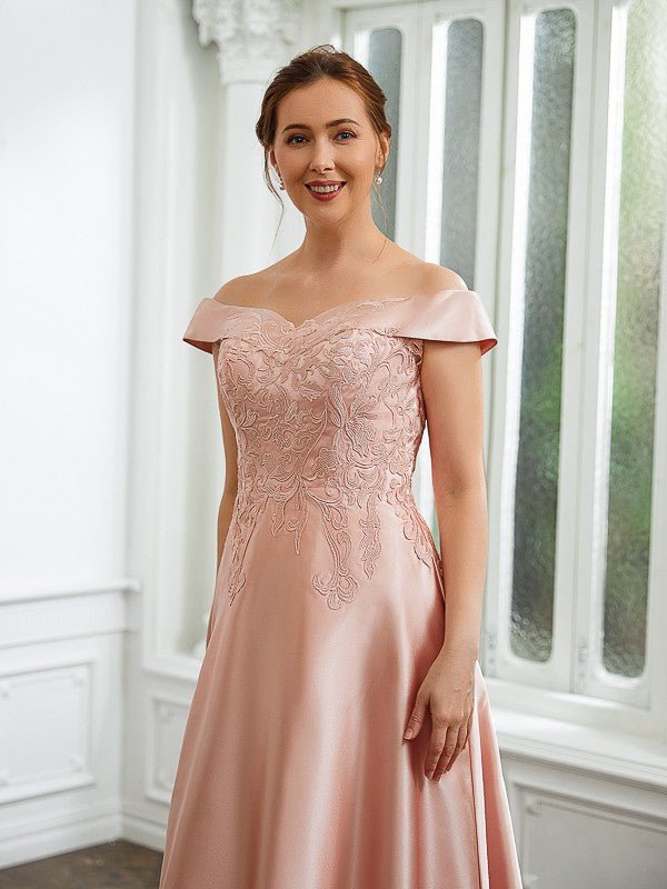 NumberSea - A - Line/Princess Satin Applique Off - the - Shoulder Sleeveless Tea - Length Mother of the Bride Dresses