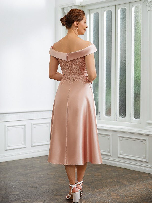 NumberSea - A - Line/Princess Satin Applique Off - the - Shoulder Sleeveless Tea - Length Mother of the Bride Dresses