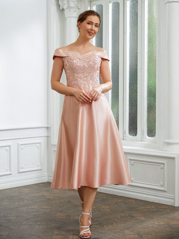 NumberSea - A - Line/Princess Satin Applique Off - the - Shoulder Sleeveless Tea - Length Mother of the Bride Dresses