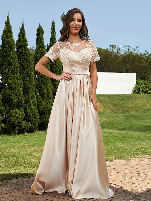 NumberSea - A - Line/Princess Satin Applique Scoop Short Sleeves Floor - Length Bridesmaid Dresses