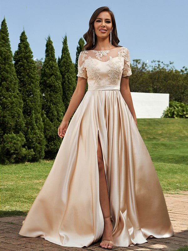 NumberSea - A - Line/Princess Satin Applique Scoop Short Sleeves Floor - Length Bridesmaid Dresses