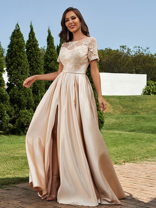 NumberSea - A - Line/Princess Satin Applique Scoop Short Sleeves Floor - Length Bridesmaid Dresses