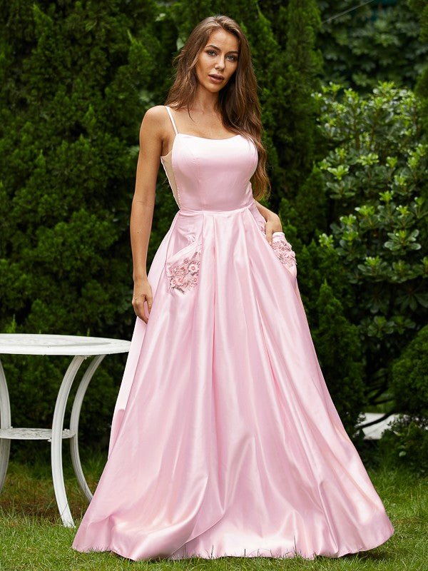 NumberSea - A - Line/Princess Satin Applique Spaghetti Straps Sleeveless Floor - Length Dresses