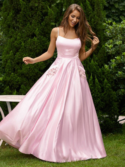 NumberSea - A - Line/Princess Satin Applique Spaghetti Straps Sleeveless Floor - Length Dresses