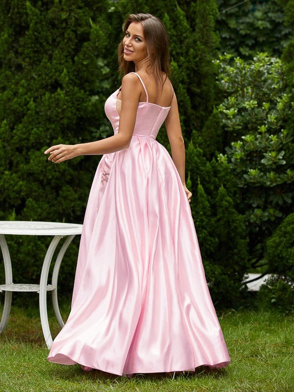 NumberSea - A - Line/Princess Satin Applique Spaghetti Straps Sleeveless Floor - Length Dresses