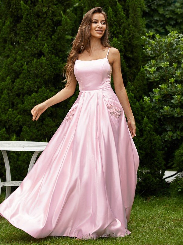 NumberSea - A - Line/Princess Satin Applique Spaghetti Straps Sleeveless Floor - Length Dresses