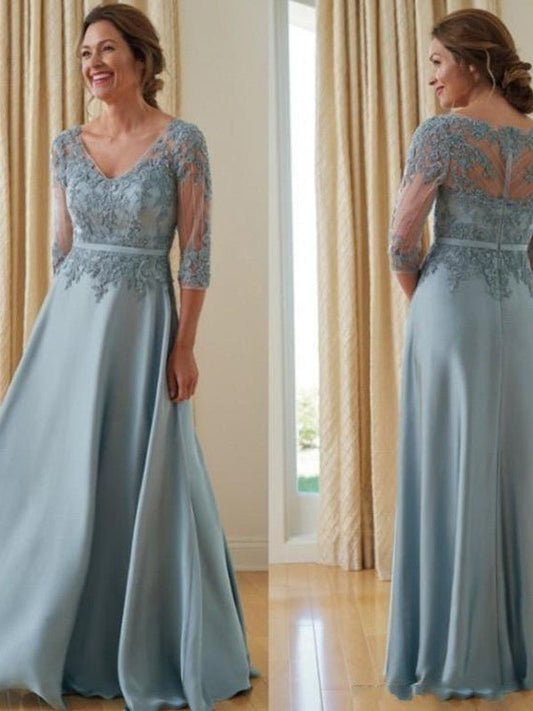 NumberSea - A - Line/Princess Satin Applique V - neck 3/4 Sleeves Floor - Length Mother of the Bride Dresses