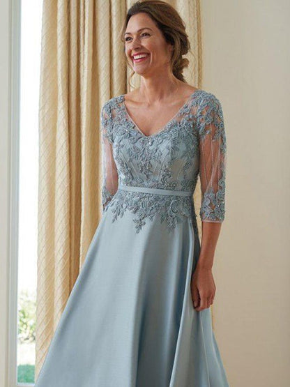 NumberSea - A - Line/Princess Satin Applique V - neck 3/4 Sleeves Floor - Length Mother of the Bride Dresses