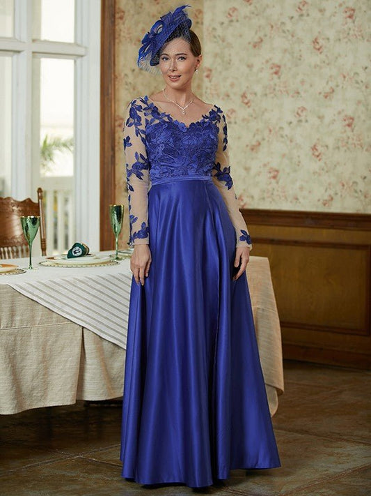 NumberSea - A - Line/Princess Satin Applique V - neck Long Sleeves Floor - Length Mother of the Bride Dresses