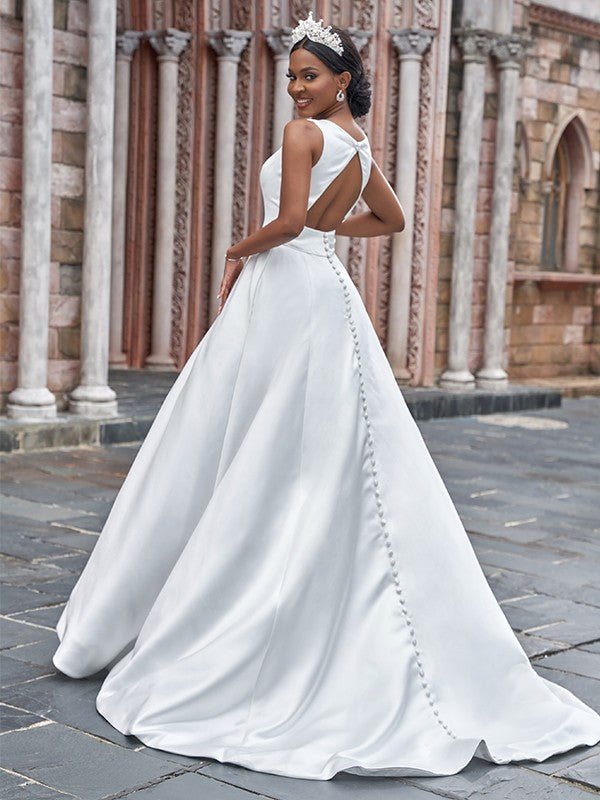 NumberSea - A - Line/Princess Satin Bateau Ruffles Sleeveless Sweep/Brush Train Wedding Dresses