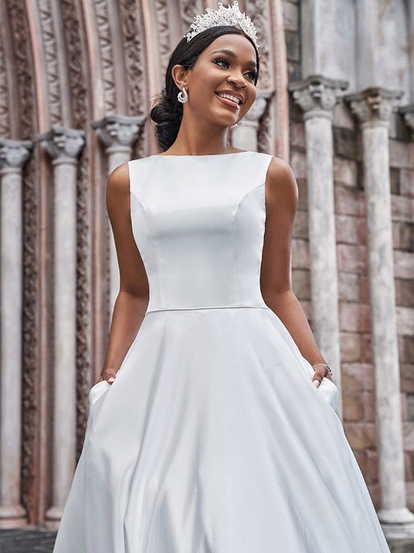 NumberSea - A - Line/Princess Satin Bateau Ruffles Sleeveless Sweep/Brush Train Wedding Dresses