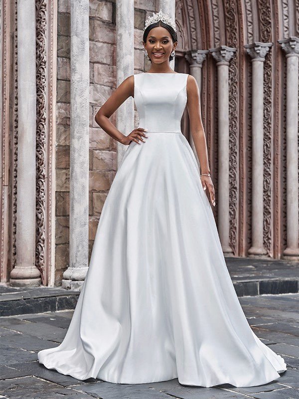 NumberSea - A - Line/Princess Satin Bateau Ruffles Sleeveless Sweep/Brush Train Wedding Dresses