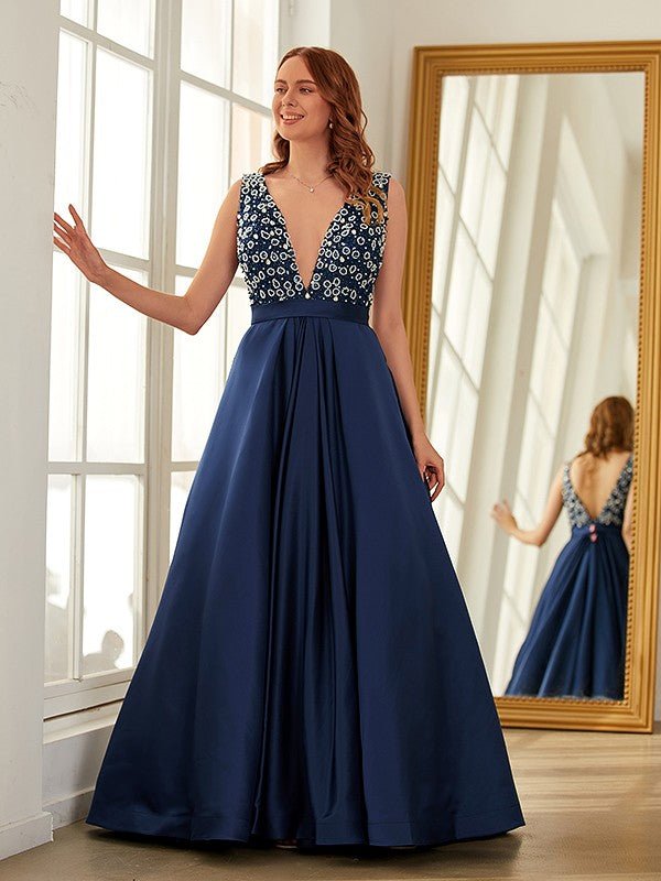 NumberSea - A - Line/Princess Satin Beading V - neck Sleeveless Sweep/Brush Train Dresses