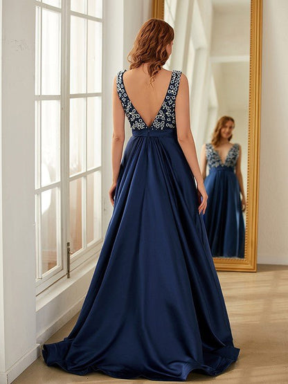 NumberSea - A - Line/Princess Satin Beading V - neck Sleeveless Sweep/Brush Train Dresses