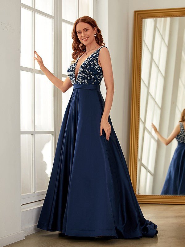 NumberSea - A - Line/Princess Satin Beading V - neck Sleeveless Sweep/Brush Train Dresses