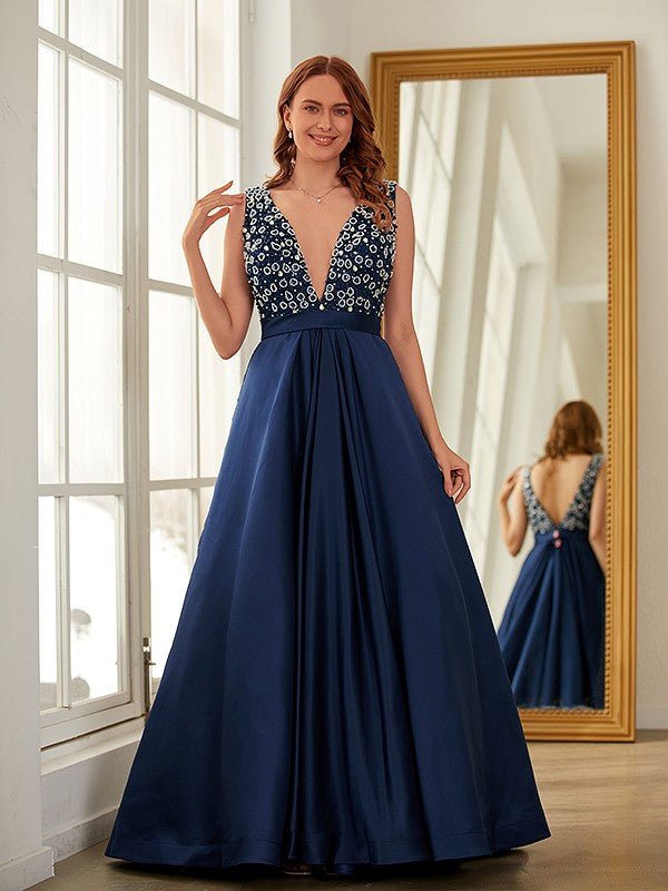 NumberSea - A - Line/Princess Satin Beading V - neck Sleeveless Sweep/Brush Train Dresses