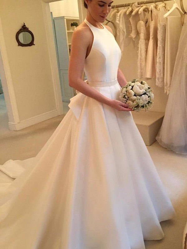 NumberSea - A - Line/Princess Satin Bowknot Halter Sleeveless Court Train Wedding Dresses